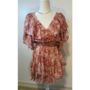 GILNER FARRAR Red Beige Patterned Ruffled Mini Dress L, wing full sleeves